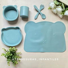 Set 6 Piezas Vajilla Con Individual En Silicona Teddy Azul