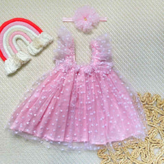 Vestido Con Balaca Tul Corazones Rosa