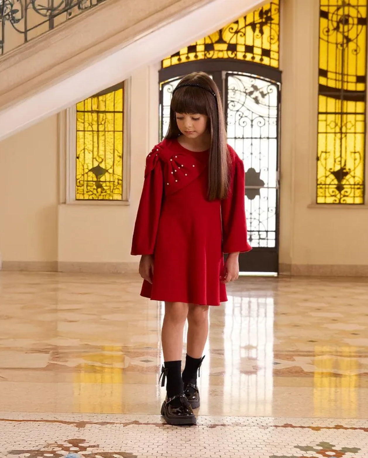 Vestido Manga Larga Moño Rojo Milon Modelo