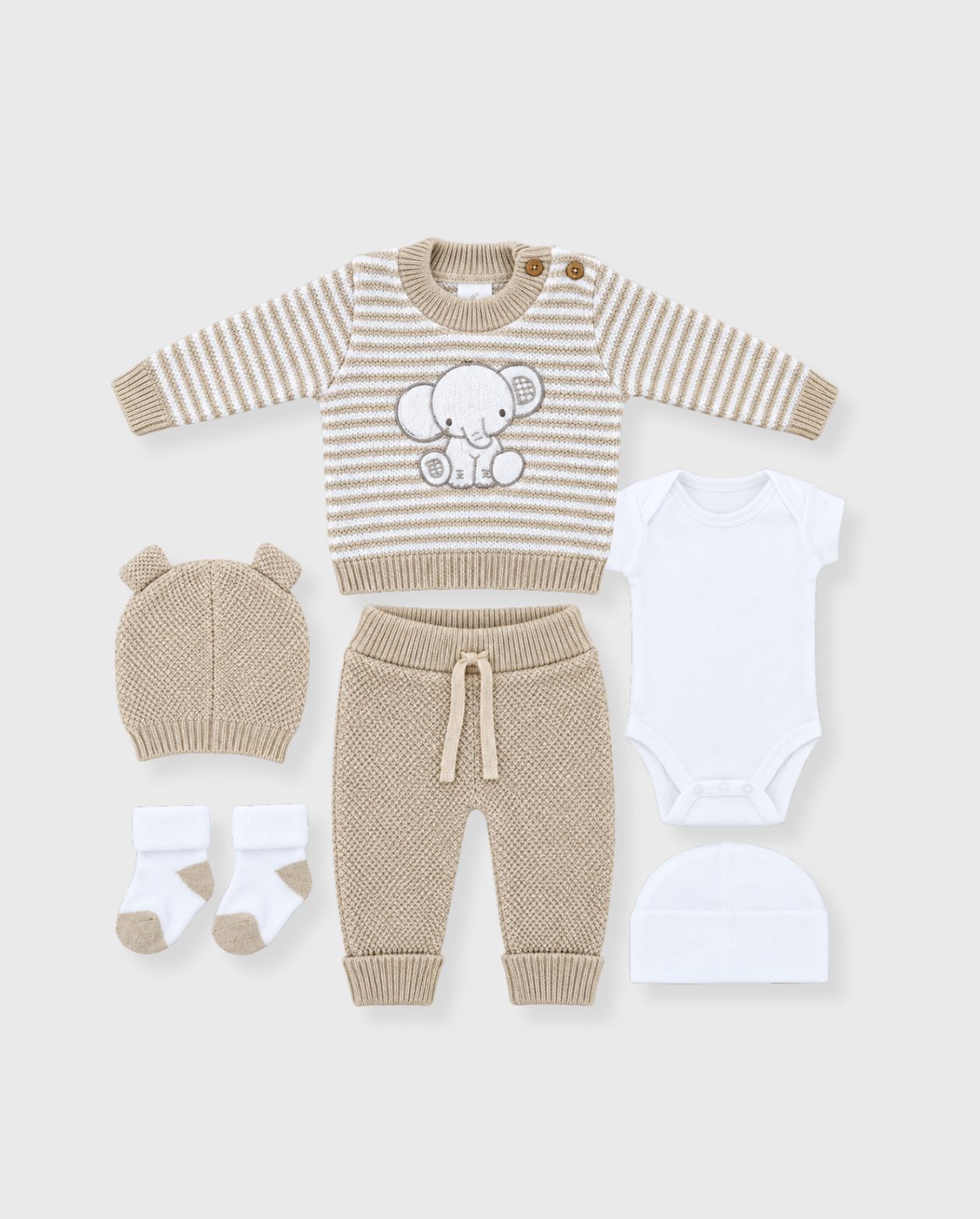 Set Primer Día Bordado Elefante Beige