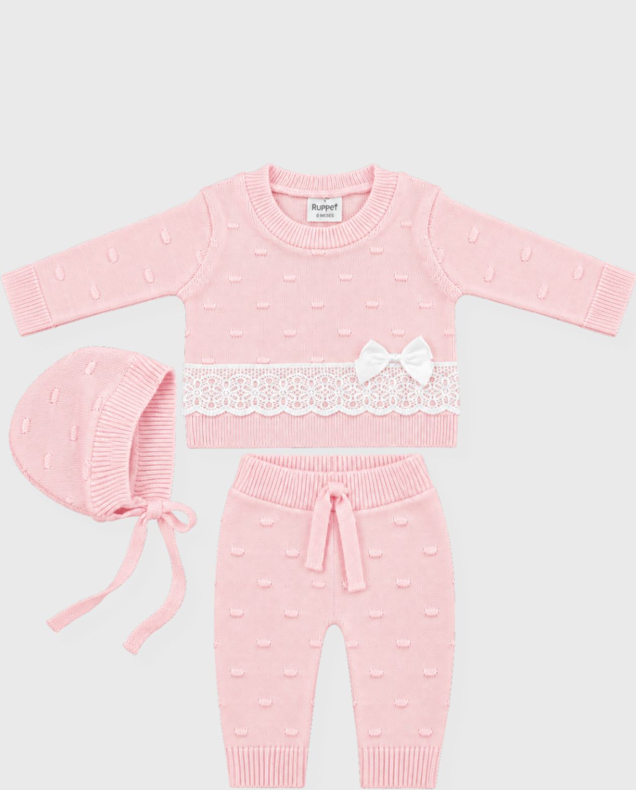 Set Primer Día Tejido Puntos Bebé Niña Rosa detalle