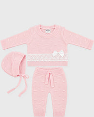 Set Primer Día Tejido Puntos Bebé Niña Rosa detalle