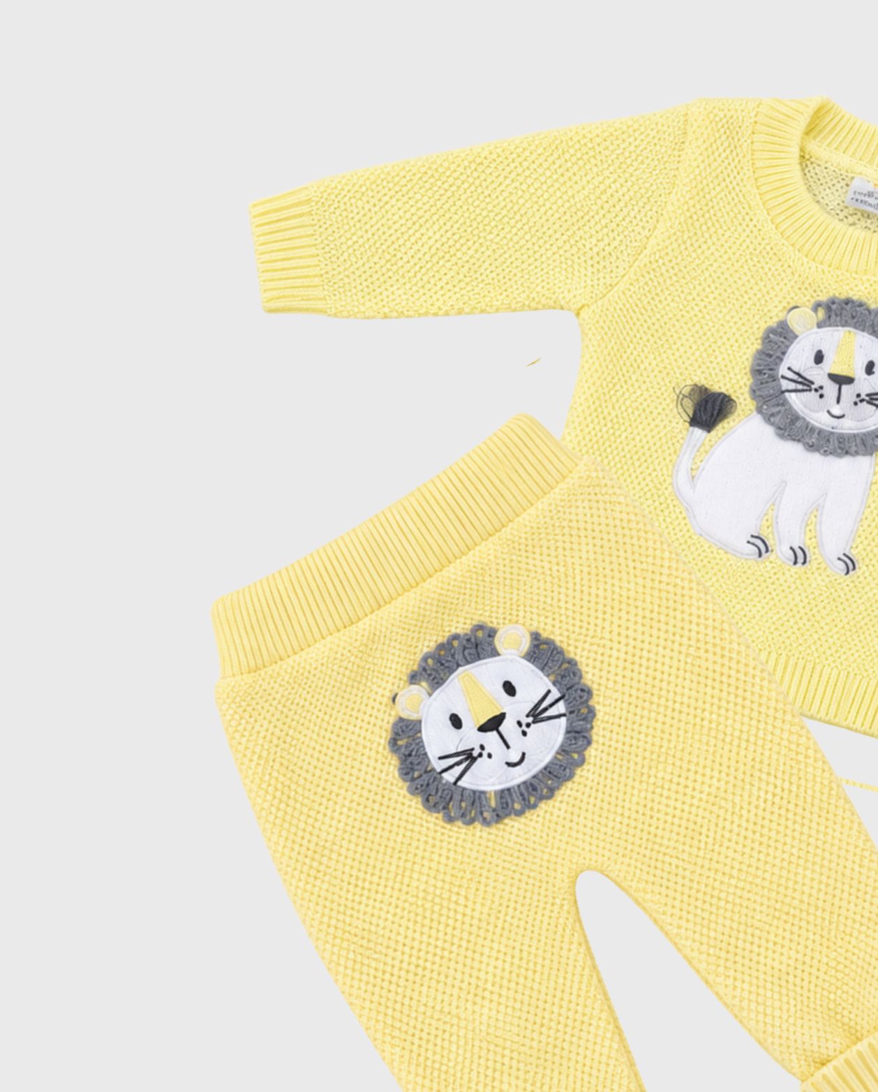 Set Primer Día Tejido León Amarillo detalle