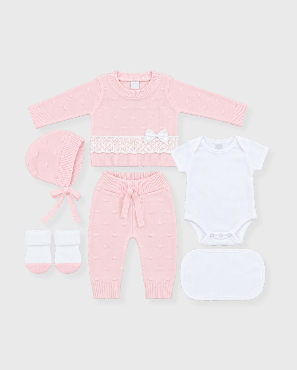Set Primer Día Tejido Puntos Bebé Niña Rosa