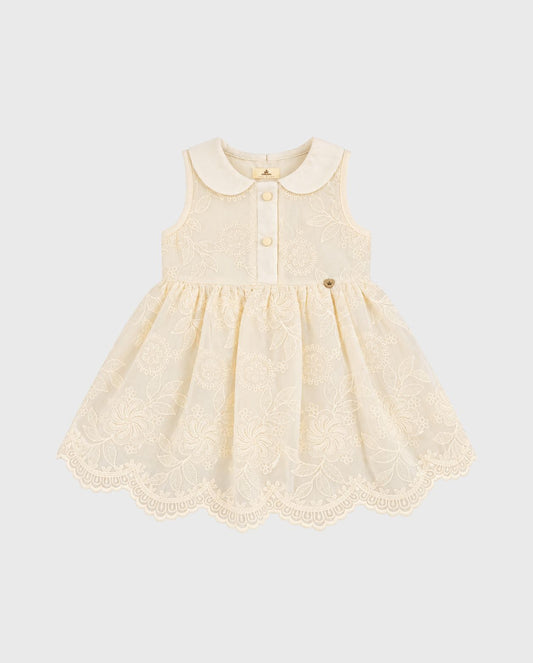Vestido Cuello Bordado Beige