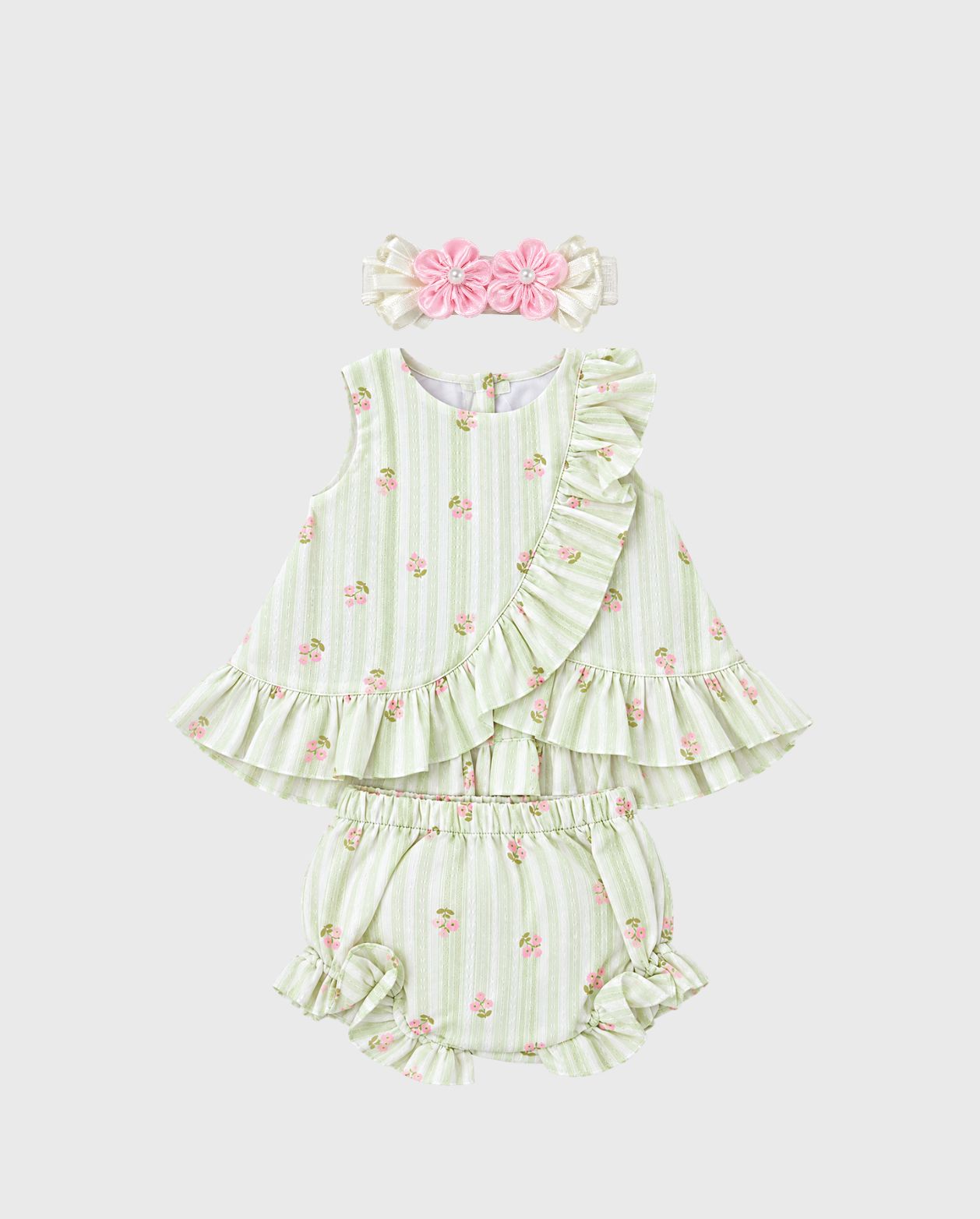 Conjunto Panty con Balaca Estampado Flores Verde