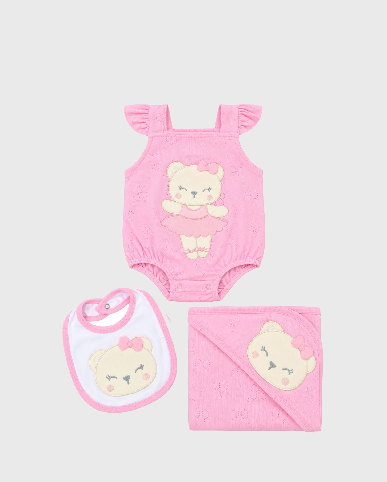 Set Primer Día Bordado Oso Rosa detalle
