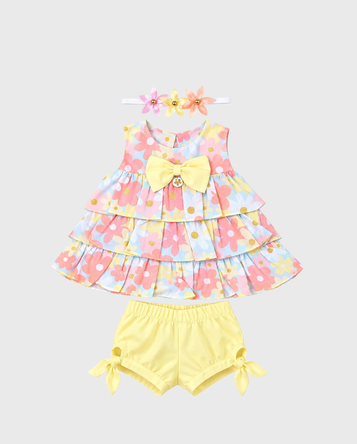 Conjunto Short con Balaca Estampado Flores Amarillo