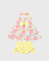 Conjunto Short con Balaca Estampado Flores Amarillo