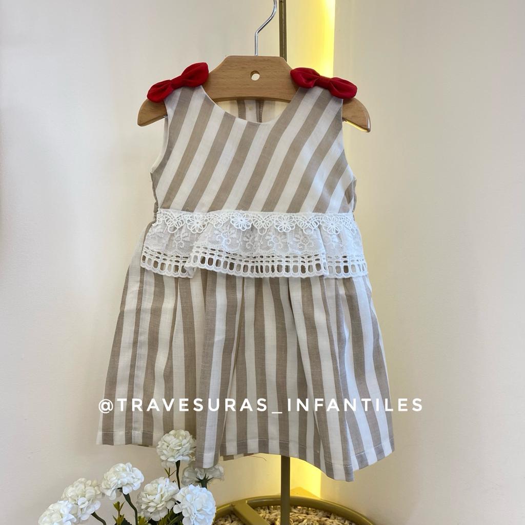 Vestido Rayas Con Moño Café Niña Travesuras Infantiles