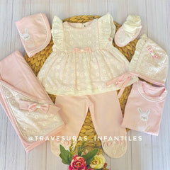 SET X8 PRIMER DÍA VESTIDO ROSADO BEBÉ NIÑA CHOCO MIEL Travesuras Infantiles