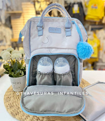 Pañalera Morral Arcoíris Gris Cremallera Azul Baby Luna Teteros